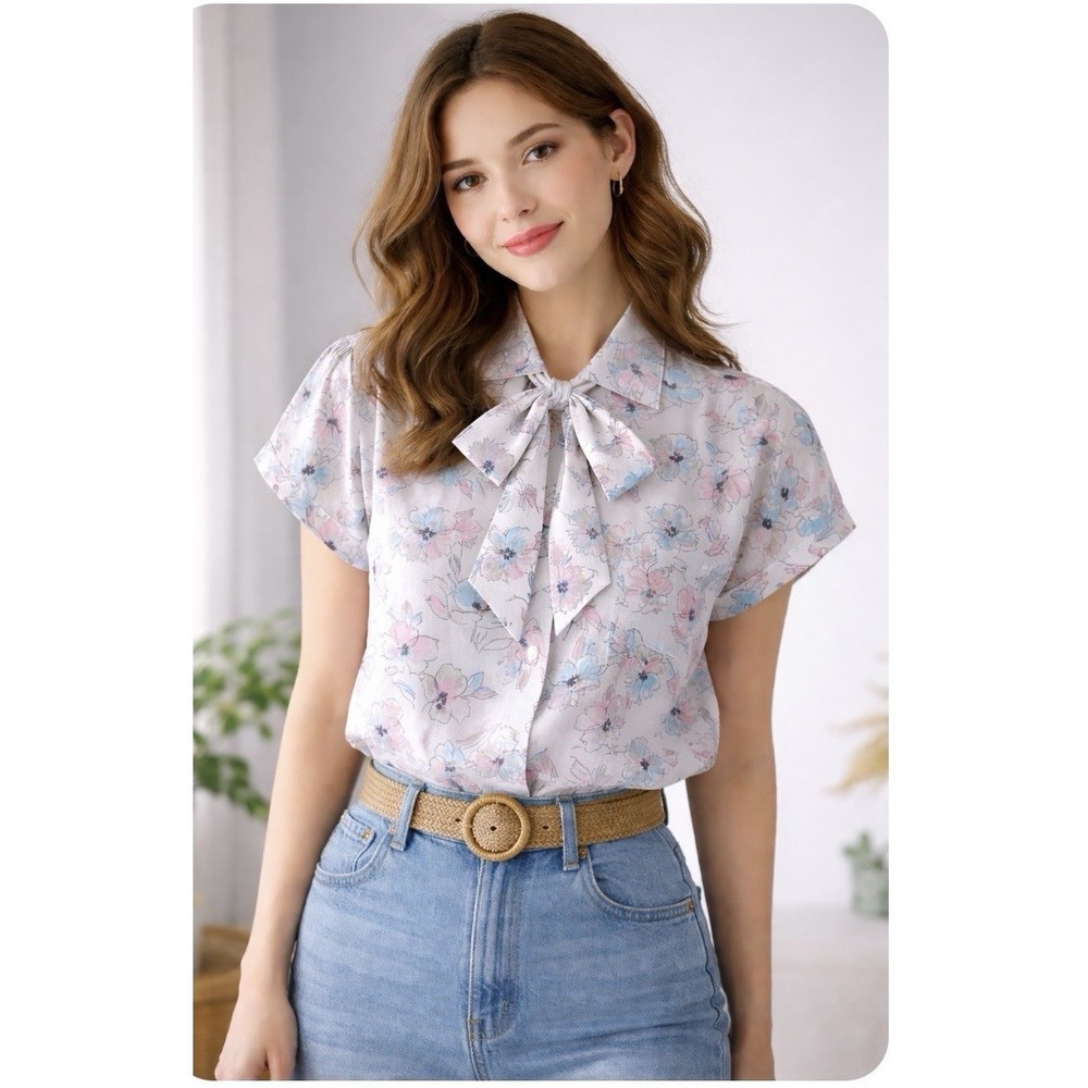 New 80's Floral Ladies Blouse Size 12 Button Down Necktie Cape Cod Sportswear